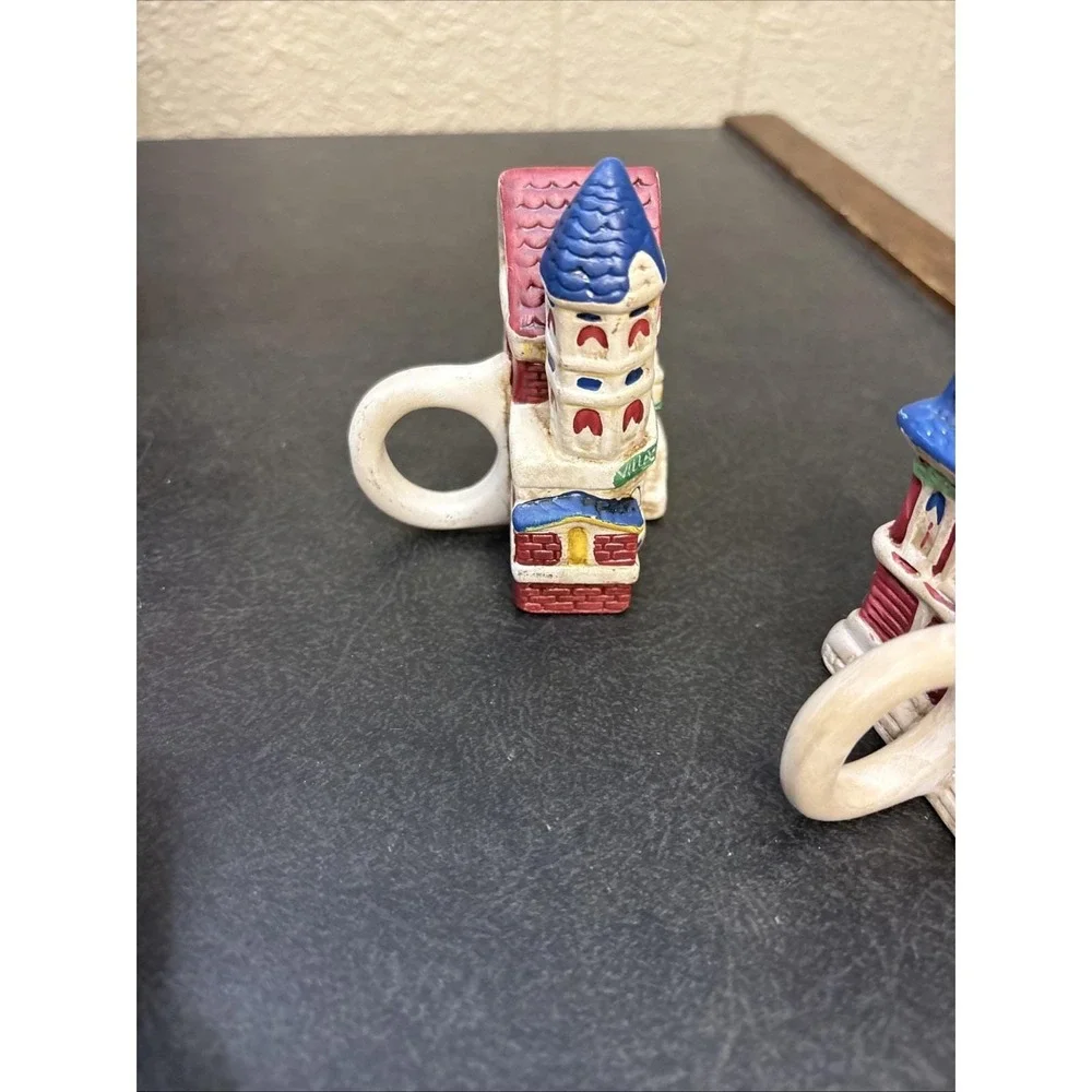 Vtg~Set Of 4~Christmas Village Ceramic Napkin Ring~Holiday Houses~IOB